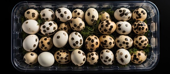 Sticker - Protein rich and healthy quail eggs on isolated black tray isolated pastel background Copy space
