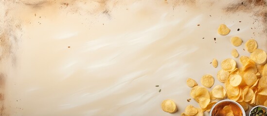 Wall Mural - Snacks made of potatoes and items used for cooking isolated pastel background Copy space