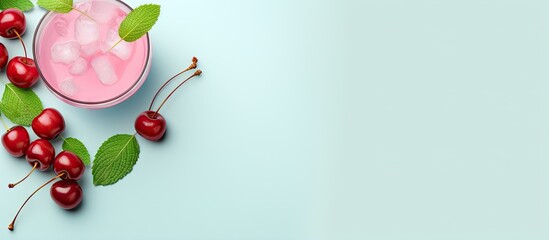 Canvas Print - Top down view of a red cherry cocktail with mint isolated on a isolated pastel background Copy space