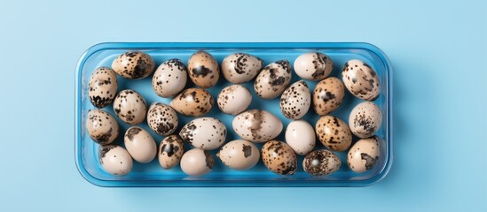 Wall Mural - Protein rich and healthy quail eggs on isolated black tray isolated pastel background Copy space