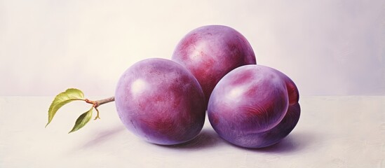 Wall Mural - Plums with sliced plums on a isolated pastel background Copy space