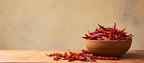 Canvas Print - Red chillies dried in bowl isolated pastel background Copy space