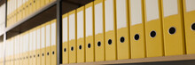 Yellow Folders With Materials Put In Long Rows On Shelves
