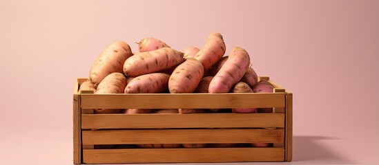 Wall Mural - Sweet potato from Japan in wooden crate on a isolated pastel background Copy space