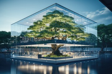 Sustainble green building. Eco-friendly building in modern city. Sustainable glass office building with tree for reducing carbon dioxide. Office with green environment. Corporate building reduce CO2.