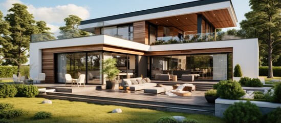 Wall Mural - Modern house with panoramic windows flat roof terrace and landscaping visualized in 3D