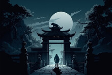 Anime Style Background, A Samurai Walks Towards A Temple