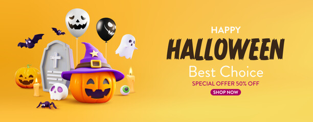 Wall Mural - Halloween Sale Promotion Poster template with Halloween pumpkins,cute ghost and halloween elements.Website spooky or banner template. Vector illustration eps 10