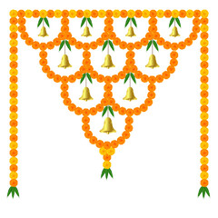 Wall Mural - Traditional indian marigold bell and leaf floral garland vector,wedding and festive decoration, floral border decoration on transparent background