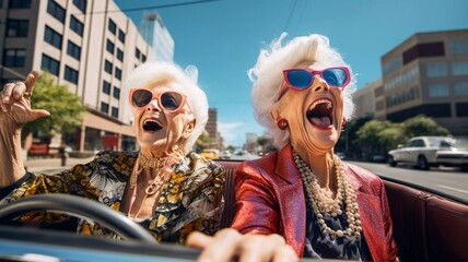 Wall Mural - two elderly women in a convertible car