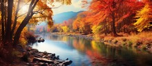 Stunning Fall View Of Trees Over The River Bathed In Sunlight With A Picturesque Background