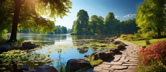 Wall Mural - Scenic park with a lake trees and a stone path in sunlight