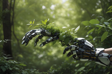 Artificial intelligence green tech AI robot hand saving the environment ecology concept. technology science of environment concept for the development of sustainability