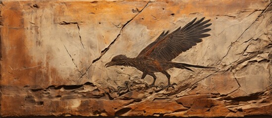 Wall Mural - Early Cretaceous China fossil depicts Archaeopteryx with feather With copyspace for text