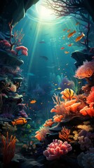 Wall Mural - Wallpaper of Cartoon Underwater Creatures in a Vibrant Coral Reef, Generative AI