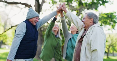 Wall Mural - Elderly people, high five and teamwork in nature support, trust or motivation together for outdoor community. Mature or retired group touching hands in team building, collaboration or unity at park