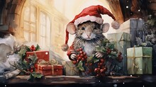Cute Cartoon Mouse In Red Hat And Scarf With A Christmas Wreath.