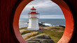 © anime - Lindesnes fyr, historic lighthouse in norway, seen through a rounded window