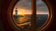 Lindesnes fyr, historic lighthouse in norway, seen through a rounded window 