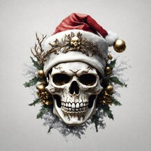 Dead Skull Wearing A Santa Hat And Ornaments .3D Render , Generated With AI
