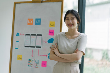 Wall Mural - portrait of creative ux ui designer working on screens for mobile responsive website development, fo