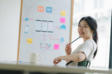 Wall Mural - portrait of creative ux ui designer working on screens for mobile responsive website development, fo