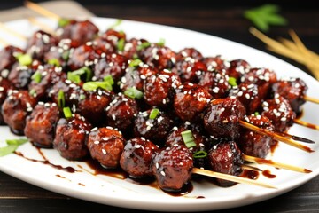 burnished bbq meatball skewers resting on a serving plate