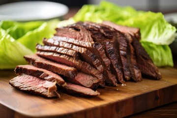 Sticker - beef brisket slices stacked on a bed of lettuce