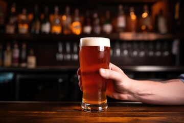 Sticker - hand holding a pint of amber ale near a beer tap