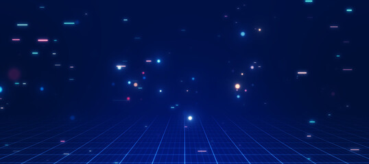Aufkleber - Abstract cyber digital technology concept. Grid below lines and glittering particles on a dark blue background.