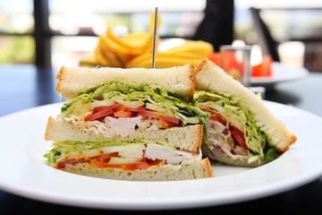 Poster - close-up of a multilayered clubhouse sandwich on a white plate