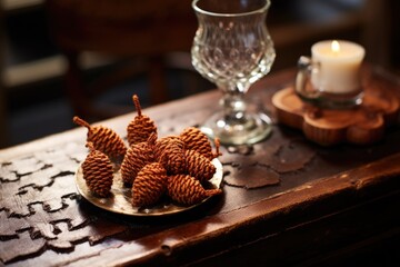 Wall Mural - crocheted acorn decorations on a coffee table