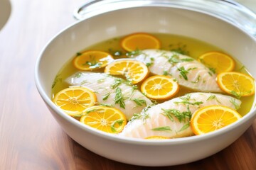 Sticker - white fish soaking in a citrus marinade in a shallow bowl