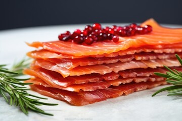 Canvas Print - a stack of smoked salmon slices with red berries