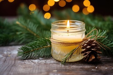 Canvas Print - diy candle decorated with pine branches