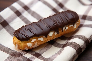 Canvas Print - a single eclair on a burlap tablecloth