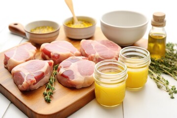 Poster - raw pork chops with jars of honey and mustard nearby