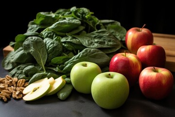 Sticker - close-up shot of fresh kale, spinach, and apples ready for a green smoothie