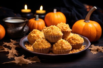 Wall Mural - pumpkin spiced muffins with pumpkin-shaped candy on top