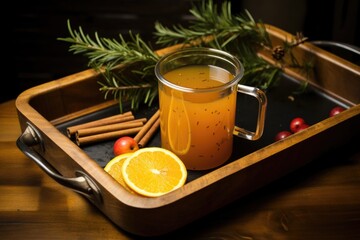 Canvas Print - wooden tray holding a pot of mulled cider and ladle