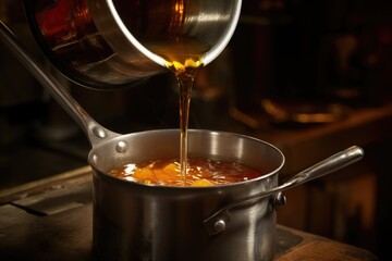 Canvas Print - surface level shot of a steel ladle pouring mulled cider