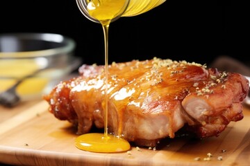 Poster - honey drizzling onto a pork chop before being tossed in mustard sauce