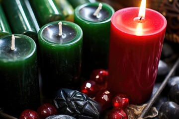 Canvas Print - a close up of green, black, and red candles displayed in the kinara