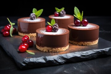 Canvas Print - three chocolate mousse tarts on a black slate platter