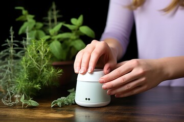 Sticker - hand placing herbal tea leaves into a diffuser on a cup