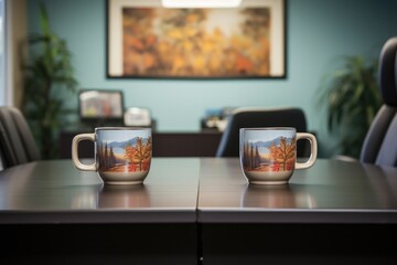 Wall Mural - matching coffee cups on a meeting room table