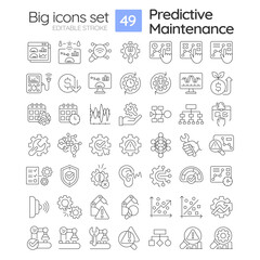 Canvas Print - 2D editable black big thin line icons set representing predictive maintenance, isolated vector, linear illustration.