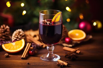 Canvas Print - glass of mulled wine surrounded by whole spices on a table