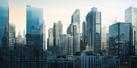 Urban brilliance. Modern cityscape at sunset. Corporate ascent. Futuristic skyline view. Downtown reflections. Architecture and success. Glass towers of finance. City landscape