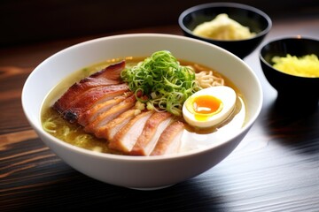 Poster - tonkotsu ramen with pork belly, chashu, and leek in a white bowl